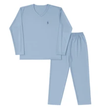Men's Basic Embroidered Long Pajamas, Assorted Patterns, Sizes S To XL - 淺藍色 - 查看 2