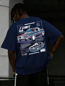 男士宽松黑色短袖衬衫 | 复古赛车图案 | 洛杉矶街头服饰风格 - 藏蓝色 - 查看 4