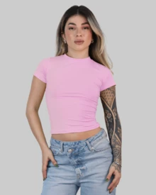 Women's Cropped Summer T-Shirt With Short Sleeves And Round Neck, Slim Fit, Solid Color, Arizona. - 淺粉色 - 查看 2