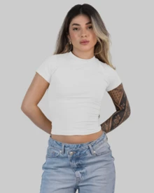 Women's Summer Cropped T-Shirt With Short Sleeves And Round Neck, Slim Fit, Solid Color, Aitona - trắng - Xem 3