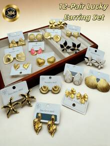 24 Pieces / Stainless Steel / Pearl Red Christmas Series Holiday Earrings, Christmas Bowknot Cranberry Red Gift Bag Christmas Stocking Resin Earrings, Creative Cartoon Christmas Ear Rings As Daily Gifts For Women's Earrings Set - Gold - View 5