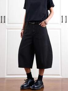 1条休闲宽松阔腿百慕大短裤，韩版中长弧形剪裁短裤（不含腰带或配饰），夏季 - 黑色 - 查看 3