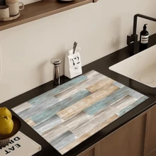 1 pieza Estera de secado con estampado de grano de madera azul, nueva estera absorbente de secado para encimera de cocina, estera de secado de utensilios de cocina - Estera de secado de platos, estera suave de gel de sílice antideslizante de secado rápido para encimera de cocina, adecuada para cafetera, máquina de café expreso, etc. - Multicolor - Ver 3