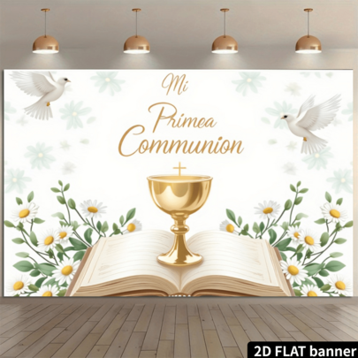Phông nền "God Bless" kích thước 5x3ft, trang trí tiệc rửa tội, lễ rước lễ lần đầu, biểu ngữ rửa tội, họa tiết lá rừng, phông nền chụp ảnh tiệc mừng em bé.
