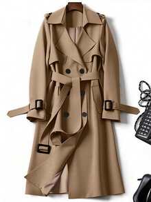 女士百搭优雅秋冬风衣，时尚通勤休闲长款风衣，英伦风中长款外套 - 深卡其 - 查看 6