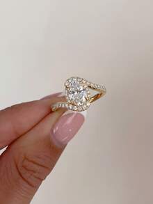 1枚女士925纯银闪亮扭纹椭圆戒指，优雅结婚/永恒戒指礼物 - 金色 - 查看 3