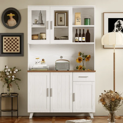 Sideboard, White Wood-Hochschrank 114 X 40 X 190 Cm, Designed For Wohnzimmer And Esszimmer - Brown, White, Wood - View 1