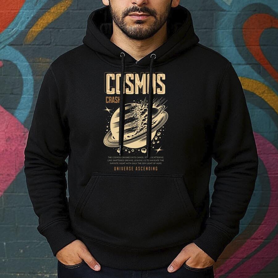 Blusa de Moletom Estampa Saturno Cosmos Canguru Masculina Confortável Do Tamanho P ao GG - Preto - Visão 1
