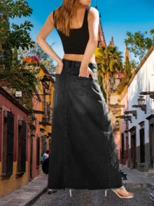 Women's Vintage Denim Maxi Skirt Casual Solid High Waist A-Line Frayed Hem Long Jean Skirt With Pockets - 黑色 - 查看 4