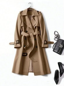 女士百搭优雅秋冬风衣，时尚通勤休闲长款风衣，英伦风中长款外套 - 深卡其 - 查看 5