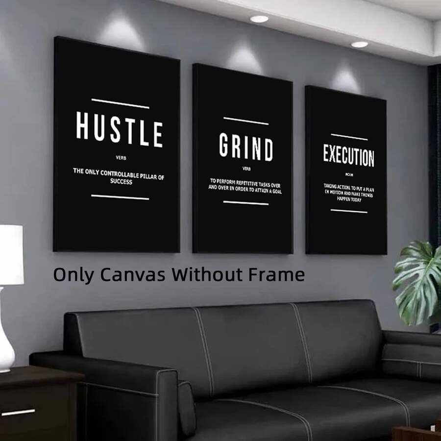 3幅现代黑白励志语录帆布墙画，激励海报，防水艺术品，适用于卧室、客厅、办公室、餐厅、健身房、家居和宿舍装饰 - 黑與白 - 查看 1