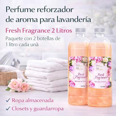 Perfume Reforzador De Aroma Para Lavandería Fresh Fragance 2 Litros Paquete Con 2 Botellas De 1 L Fragancia Floral Para Ropa Y Textiles Ideal Para Aromatizar Prendas Sábanas Toallas Cortinas Y Tapicería Producto Para Aplicación Directa Después Del Lavado O Entre Usos Adecuado Para Uso Doméstico Profesional Y Comercial En Hogar Lavanderías Tintorerías Hoteles Restaurantes Y Negocios De Servicio Aroma Fresco Y Duradero Para Ropa De Uso Diario Uniformes Ropa De Trabajo Y Textiles Del Hogar Presentación Sin Atomizador Ideal Para Recarga De Envases Con Spray O Uso Controlado En Procesos De Aromatización Textil De Mayor Consumo