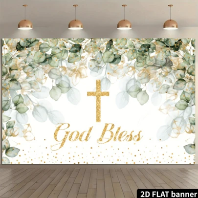 Phông nền "God Bless" kích thước 5x3ft, trang trí tiệc rửa tội, lễ rước lễ lần đầu, biểu ngữ rửa tội, họa tiết lá rừng, phông nền chụp ảnh tiệc mừng em bé.