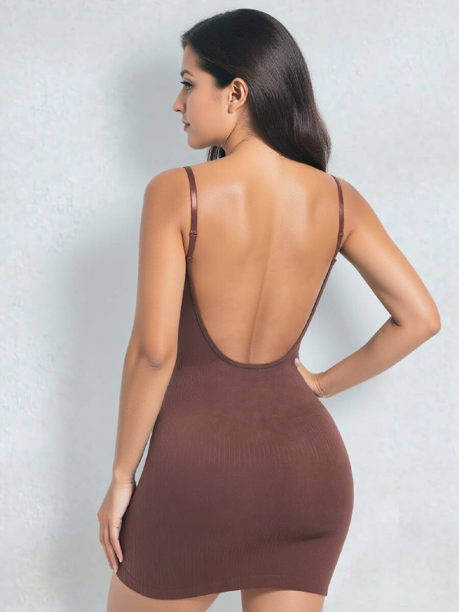 1pc Women's Seamless Shapewear Backless Dress For Tummy Control And Butt Lifting - Brown - View 1