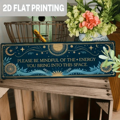 2D平面，1件复古农舍风格“注意你带入此空间的能量”铁艺墙饰牌 - 10厘米x40厘米，2D平面印刷，复古设计