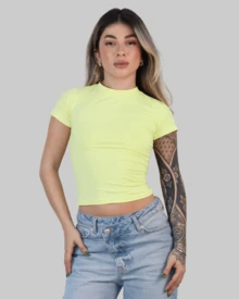 Women's Summer Cropped T-Shirt With Short Sleeves And Round Neck, Slim Fit, Solid Color, Aitona - 黃色 - 查看 1