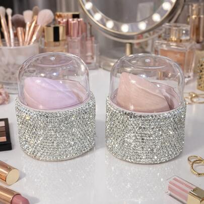 صندوق تخزين إسفنجة المكياج المرصع بالراين ستون، حامل تجفيف الإسفنجة، يشمل إسفنجة المكياج، علبة بدون رائحة وماصة، مناسبة لجميع أنواع البشرة؛ محمول، حامل تجفيف، مجموعة أدوات مكياج للمبتدئين، منظم مكياج، لمسات المكياج اليومية أثناء التنقل، هدية للسيدات، ضروريات السفر، مهرجان الموسيقى، حفلة، كأس العالم، أدوات مكياج