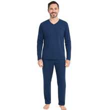 Men's Basic Embroidered Long Pajamas, Assorted Patterns, Sizes S To XL - Navy Blue - View 1