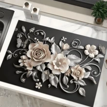 1pc 3D Floral Design Absorbent Drying Mat, New Waterproof Kitchen Counter Drying Pad, Soft Silicone Non-Slip Quick Dry Mat For Kitchen Counter, Coffee Maker, Etc. - FULSD253 - View 7