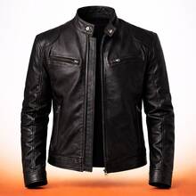 Faux Leather Winter Jacket, Regular Fit, Pockets, Button Closure, Zipper Closure - 黑色有襯裡 - 查看 2