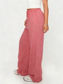 [Linen Wide-Leg Pants] Breathable And Moisture-Wicking Wide-Leg Trousers - Elegant And Comfortable Sold Color Loose Linen Pants For Women Summer Flowy High Waisted Beach Palazzo Trousers  - 西瓜紅 - 查看 2