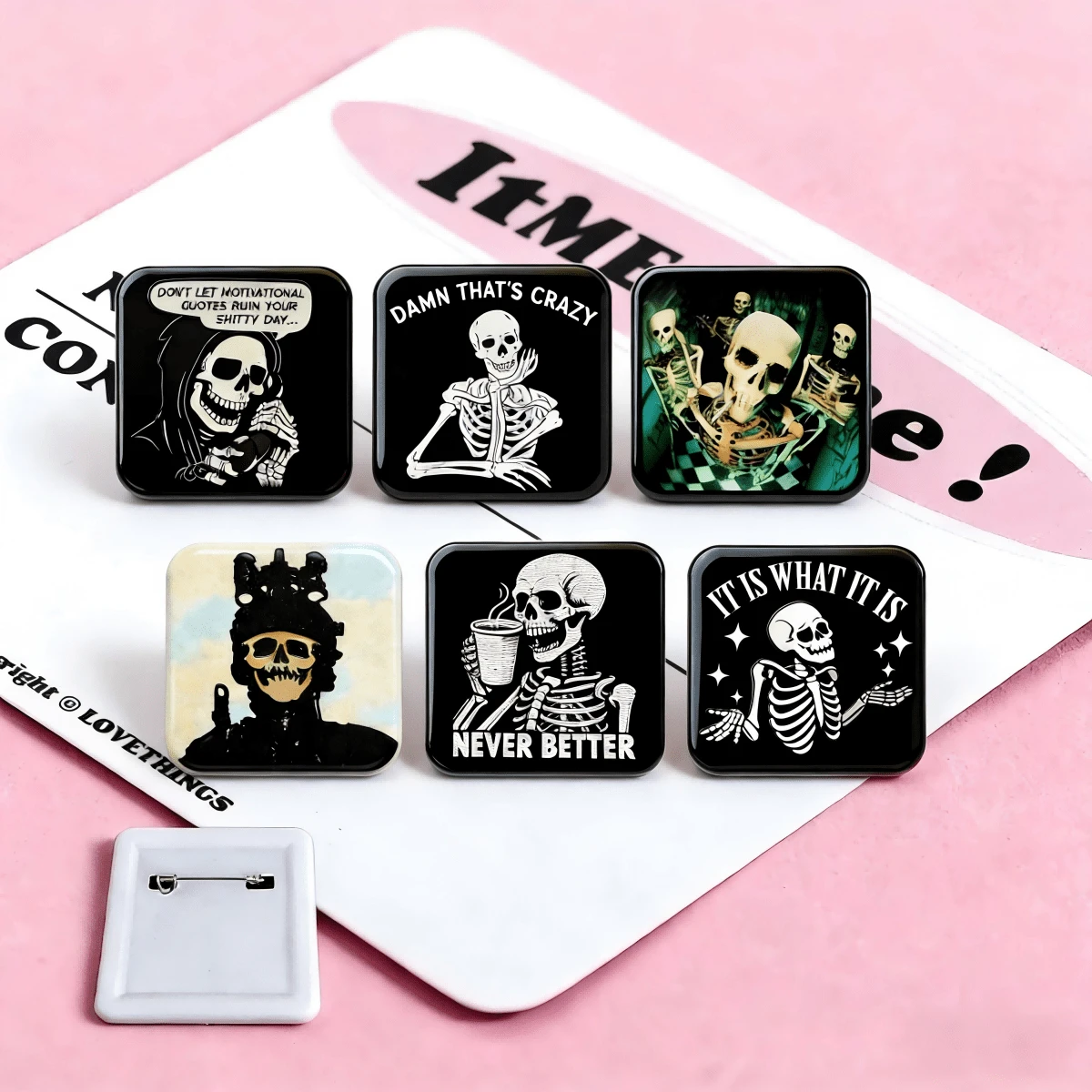 Funny Skeleton Badge Set - Gothic Skull Pins For Backpacks, Jeans & Home Decor - Edgy Meme Accessories - Skull - View 1