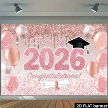 粉色毕业背景幕布，2026届玫瑰金横幅，花卉祝贺毕业装饰，大号59x39粉色金色圆点背景，适用于室内外毕业派对装饰用品 - 多色2 - 查看 5