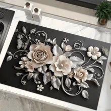 1pc 3D Floral Design Absorbent Drying Mat, New Waterproof Kitchen Counter Drying Pad, Soft Silicone Non-Slip Quick Dry Mat For Kitchen Counter, Coffee Maker, Etc. - FULSD253 - View 4