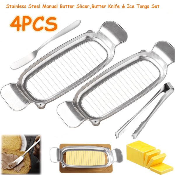 4pcs/Set Stainless Steel Cheese Cutter Slicer With Cheese Knife & Ice Tongs, Multipurpose Handheld Cutter For Block Cheese, Fruits, Compact & Portable For Home, BBQ, Camping
