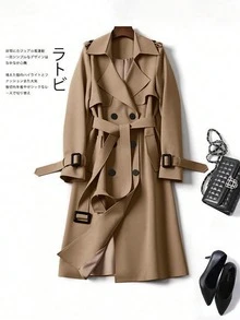 女士百搭优雅秋冬风衣，时尚通勤休闲长款风衣，英伦风中长款外套 - 深卡其 - 查看 4