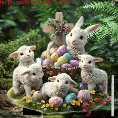 2D Flat Printing, Acrylic Cute Easter Sheep And Egg Garden Stakes, Outdoor Yard Lawn Garden Planter Decor Ground Stake, Suitable For Yard, Lawn And Gardening, Outdoor Decor, Garden Ground Stake