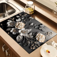 1pc 3D Floral Pattern Absorbent Drying Mat, New Waterproof Kitchen Counter Drying Pad, Soft Silicone Slip-Resistant Quick-Dry Mat For Kitchen, Suitable For Coffee Makers And More - Multicolor - View 6
