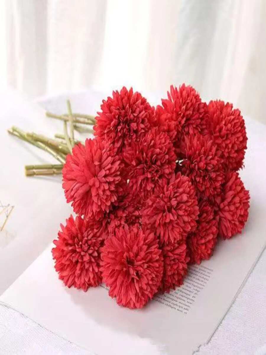 6/1pc Vivid Red Artificial Chrysanthemum Ball, Mixed With Dandelion And Hydrangea Bouquet - Realistic Fake Floral Art, Suitable For Gifting To Friends, Brides, Wedding Bouquets And Home, Office, Cafe, Party And Wedding Decor | Maintenance-Free, Artificial Flowers - Red - View 1