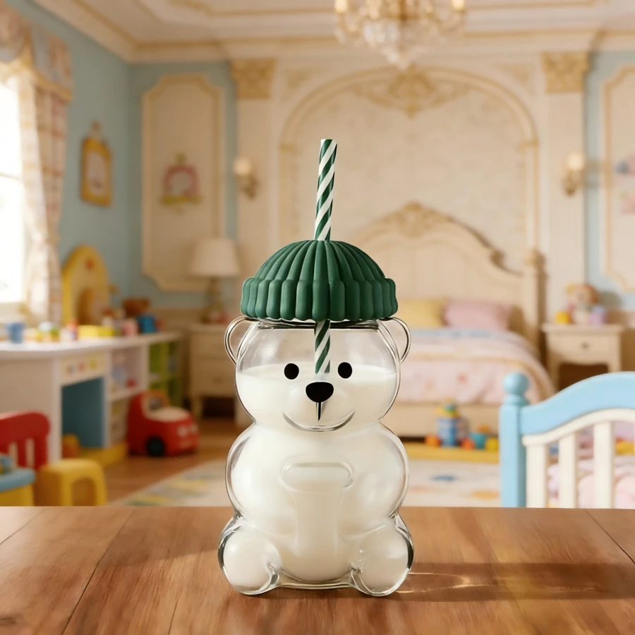 20 Oz Cute Bear Glass Straw Cup, Perfect Gift For All Holidays - Green - View 1