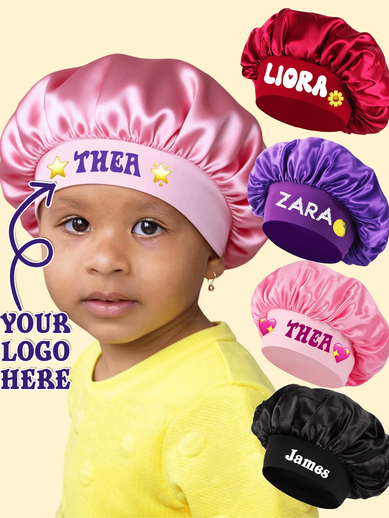 Personalized Children's Satin Sleep Cap, Girl's Satin Hair Bonnet, Silk Sleeping Hat, Personalized Name Satin Cap - M - View 1