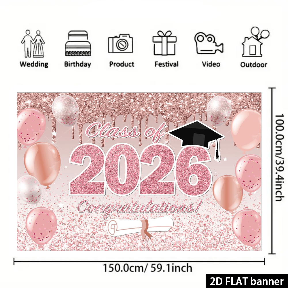粉色毕业背景幕布，2026届玫瑰金横幅，花卉祝贺毕业装饰，大号59x39粉色金色圆点背景，适用于室内外毕业派对装饰用品 - 多色2 - 查看 5