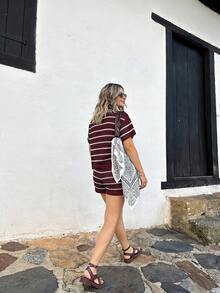 Conjunto de top de manga corta y pantalones cortos de punto transparente con diseño de rayas y calado para mujer Senya, casual para uso diario, vacaciones, viajes, Año Nuevo, Día de San Valentín, conjunto de ropa de playa para verano - Rojo violeta - Ver 5