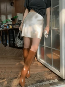1pc Plain Color Casual, Holiday, Evening Date Taffeta Mini Skirt, Spring/Summer New Arrival - Apricot - View 2