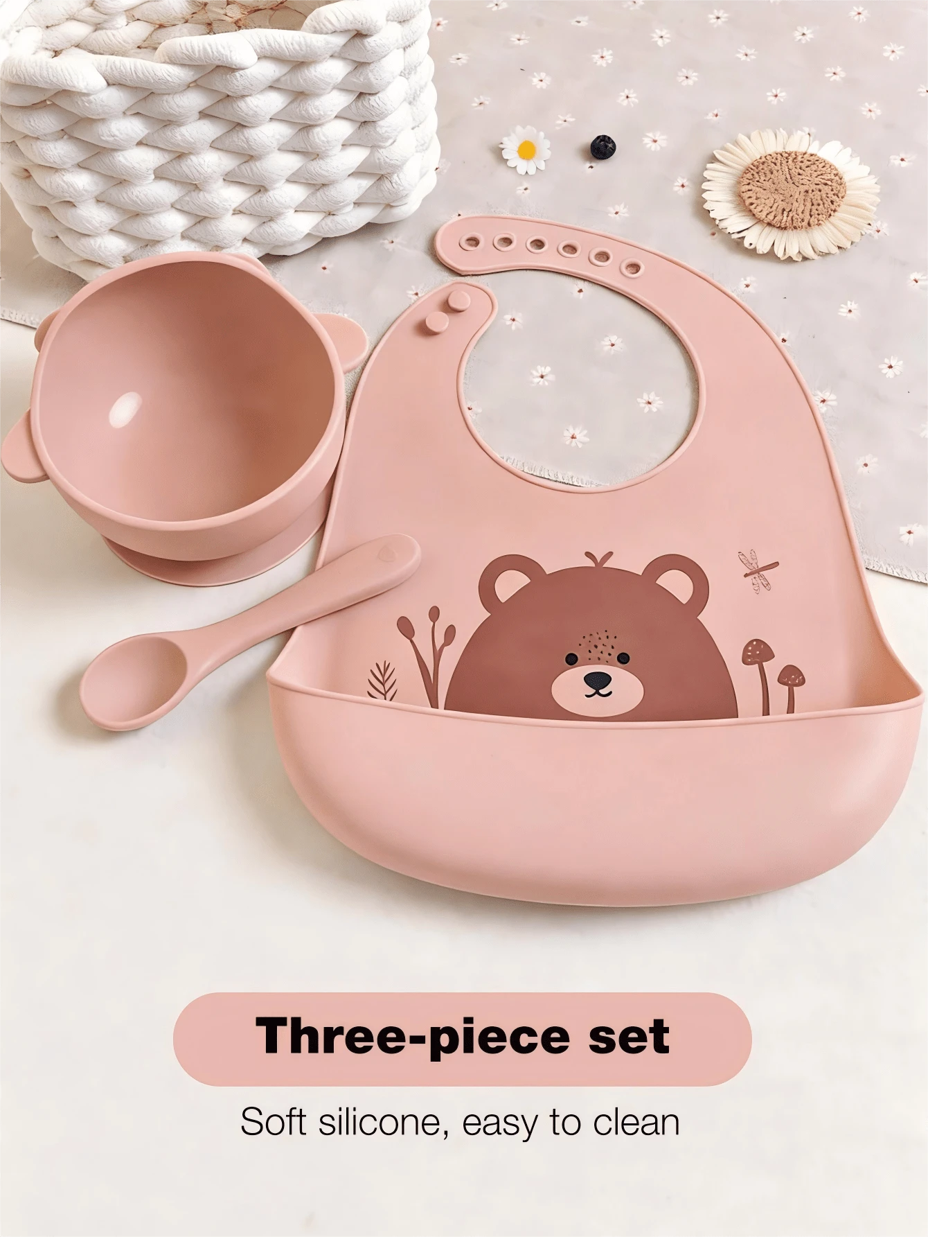 3pcs Baby Feeding Set - Silicone Bowl, Bib, Spoon, Cartoon Bowl Design, Suitable For Everyday Use And Gift Giving - Multicolor - View 1
