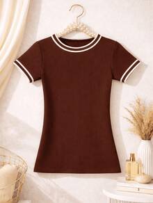 Women's Basic Short-Sleeve Blouse In Plain Ribbed Fabric With Round Neck And Neck And Sleeve Details - Rust Brown - View 1