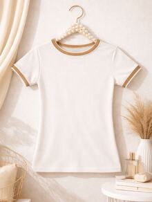 Women's Basic Short-Sleeve Blouse In Plain Ribbed Fabric With Round Neck And Neck And Sleeve Details - Off - View 3