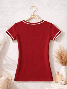 Women's Basic Short-Sleeve Blouse In Plain Ribbed Fabric With Round Neck And Neck And Sleeve Details - Red - View 2