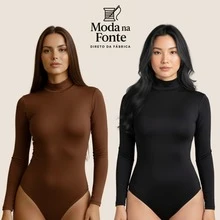 Women's Basic Second Skin Bodysuit Set With High Neck And Long Sleeves - High Fashion Blogger Style - 兩件套(黑色+棕色) - 查看 8