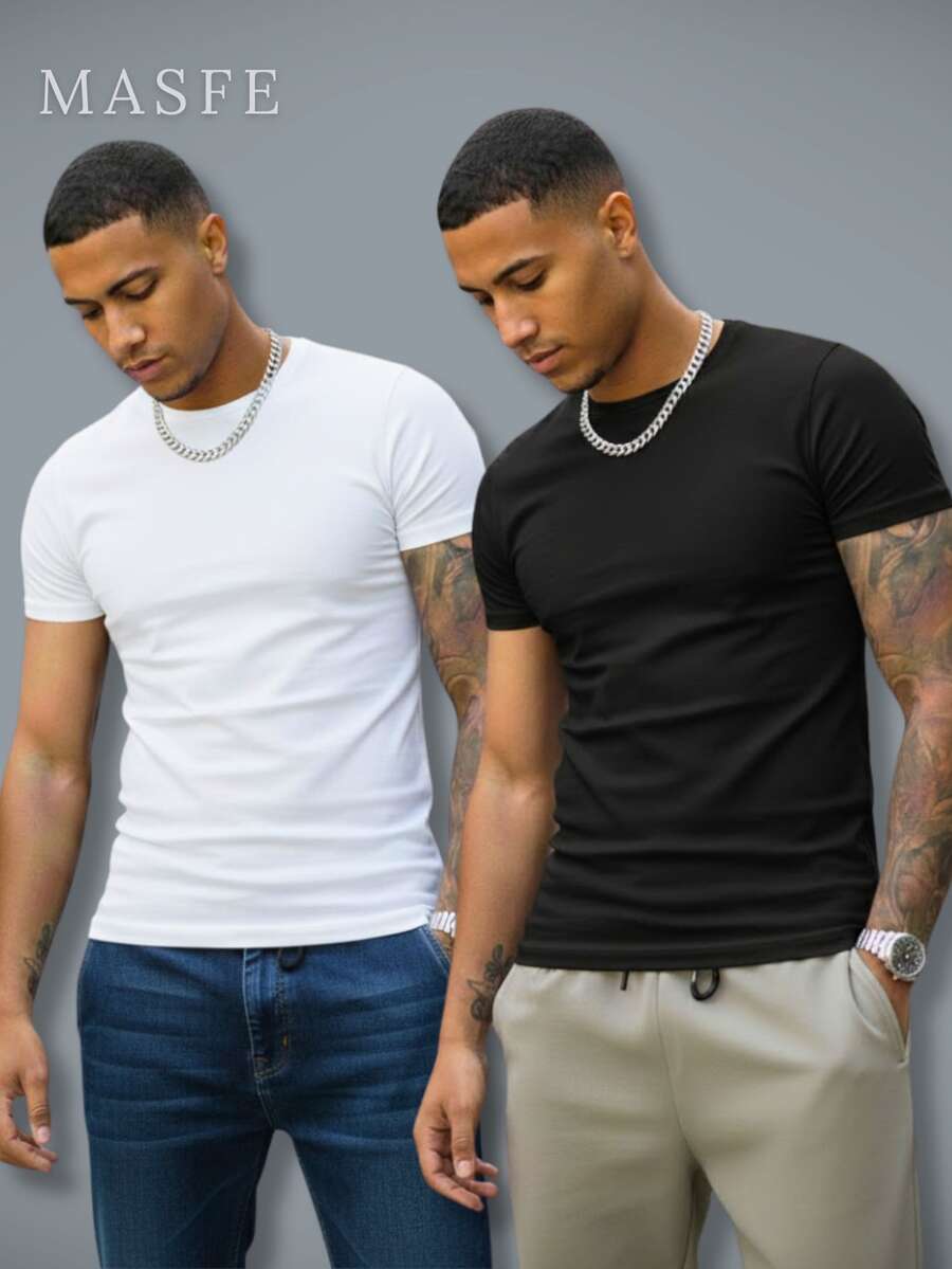 Kit 2 Men's Slim Fit Ribbed T-Shirt, American Style Blouse - Tight Fit - Đen và trắng - Xem 1