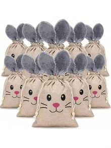 1/3/5pcs Linen Drawstring Bags, Rabbit Ear Fantasy Rabbit Design Easter Egg Gift Bags, Reusable And Practical - J-Multicolor - View 2