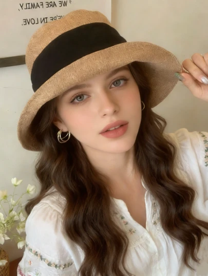 1pc Women's Solid Color Bohemian Style Black Bow Tie Sun Hat, Retro French Sunhat, Breathable Summer Sun Hat, French Elegant Foldable Bucket Hat, Comfortable And Not Stuffy