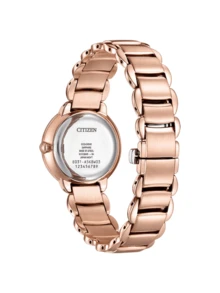 CITIZEN 34mm Rose Gold Ion-Plated Stainless Steel Case, Rose Gold Ion-Plated Bezel, Light Blue Mother-Of-Pearl Dial With 4 Roman Numerals, Rose Gold Ion-Plated Stainless Steel Bracelet, Mineral Glass Crystal, 30M Water Resistant, Solar Powered Movement - EM0928-84D - White - View 2