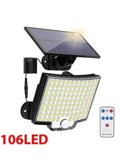 1 pieza Luces solares exteriores con doble sensor de movimiento y 106 LED, luces solares divididas, 3 modos de iluminación, luces solares reflectoras, lámpara de pared con control remoto para patio, jardín, garaje, pasillo, exterior, luz de pared de anochecer a amanecer