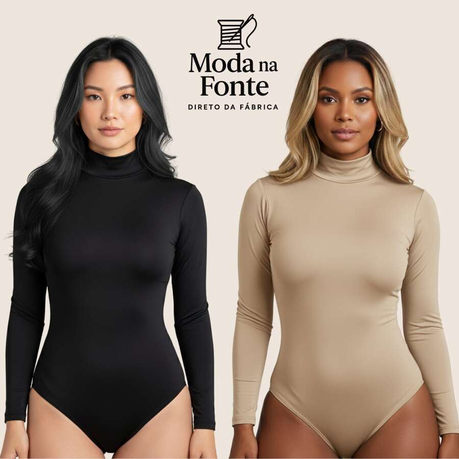 Women's Basic Second Skin Bodysuit Set With High Neck And Long Sleeves - High Fashion Blogger Style - 兩件套裝(黑色+裸色) - 查看 1