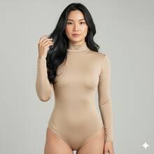 Women's Basic Second Skin Bodysuit Set With High Neck And Long Sleeves - High Fashion Blogger Style - 2-piece Set (Brown + Nude) - View 5